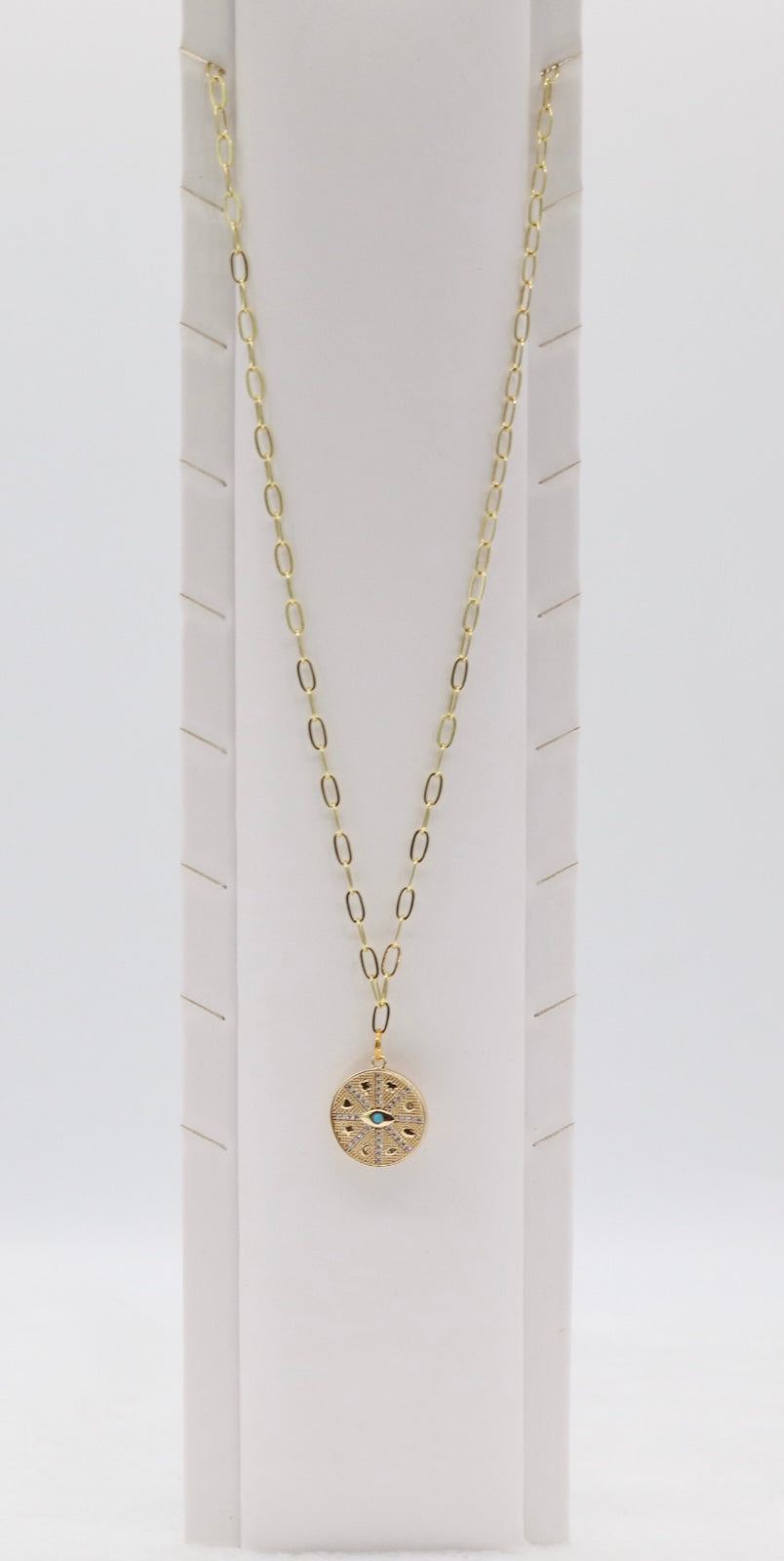 Gold Compass Pendant Necklace – Dainty Crystal Medallion with Evil Eye Detail