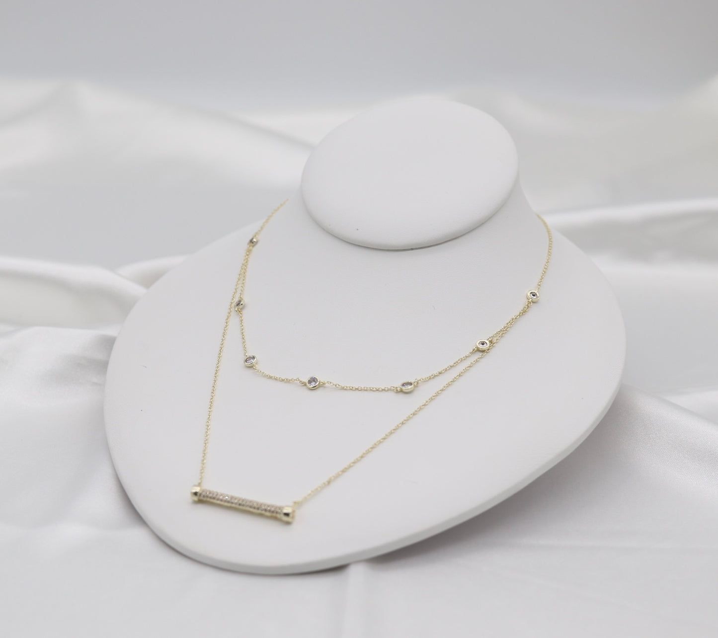 Layered Bezel Set Station Necklace With Paved CZ Bar Pendant