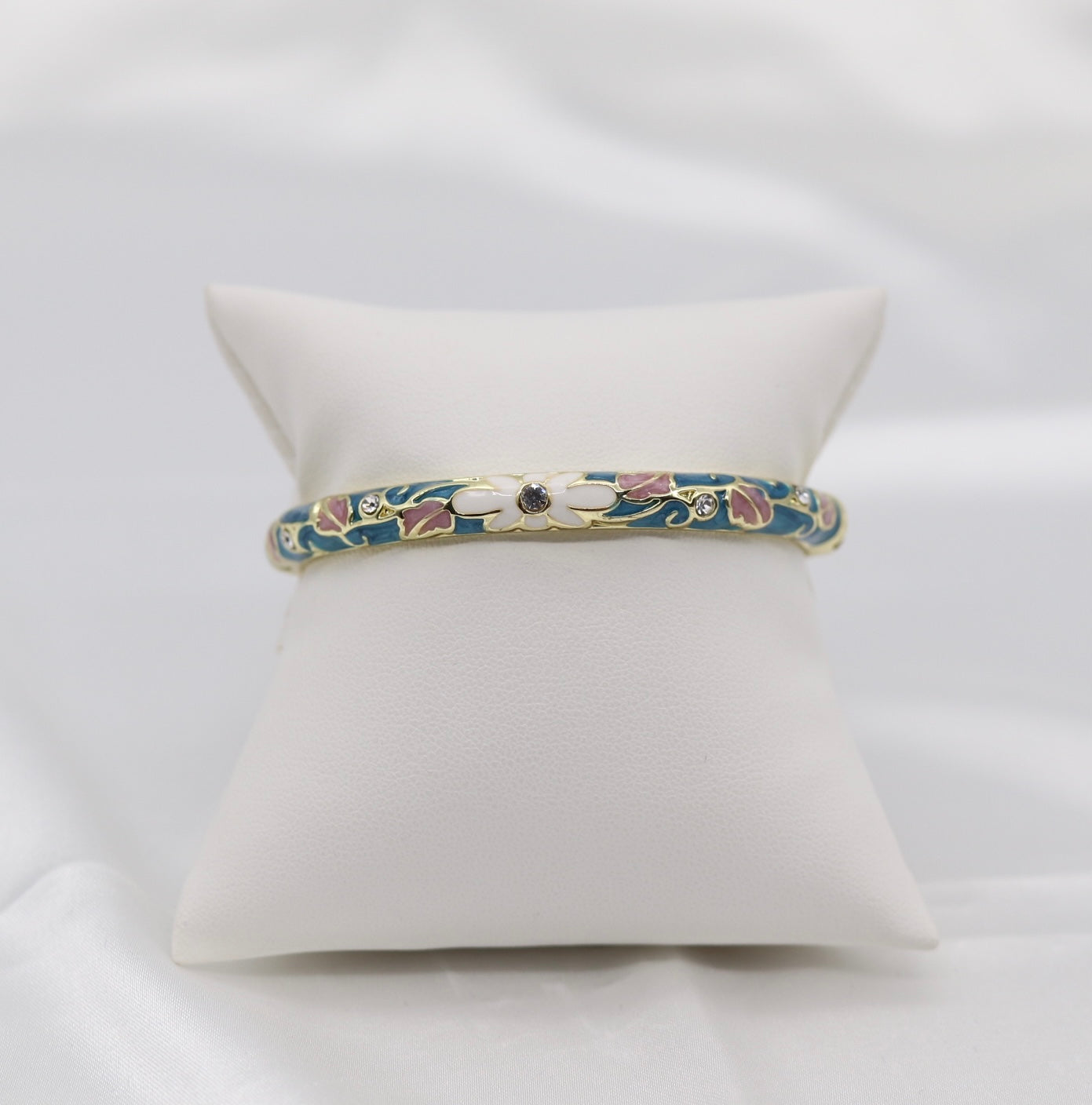 Thin Blue With CZ Station Enamel Hinged Bangle Bracelet