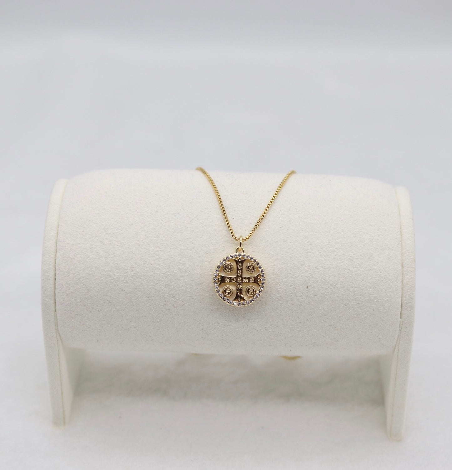 Gold Cross Medallion Necklace – Crystal Accent Round Pendant