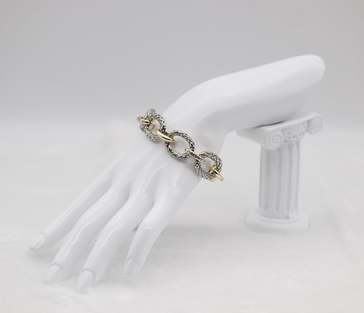 Textured Silver and Gold Link Bracelet with Crystal Accents