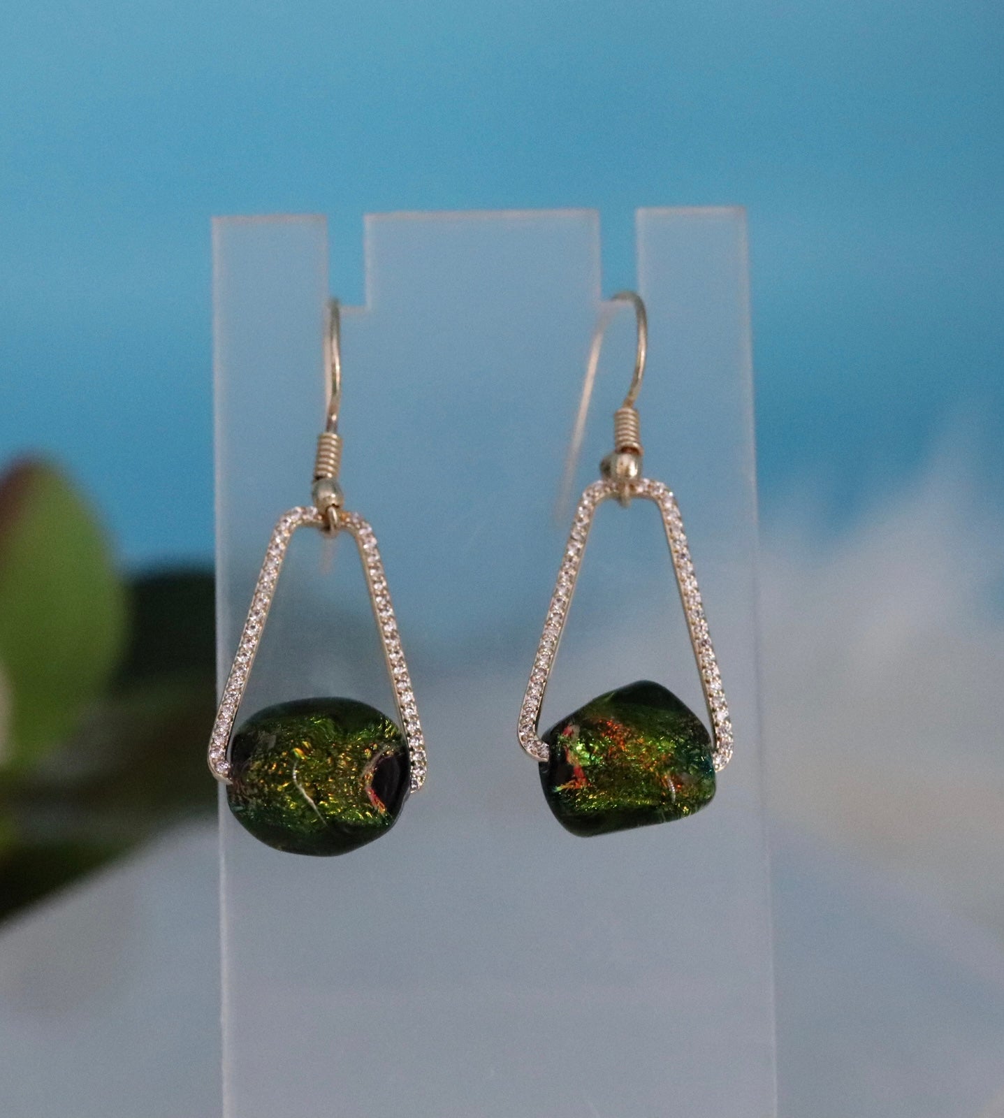 Gold Acrylic Green Bead Earrings