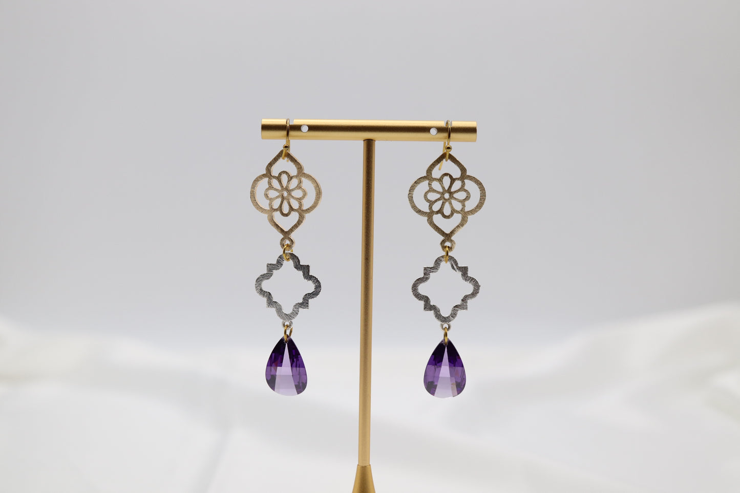 Filigree Dangling Purple Stone Earrings Made With Faceted Fancy Cut Cubics