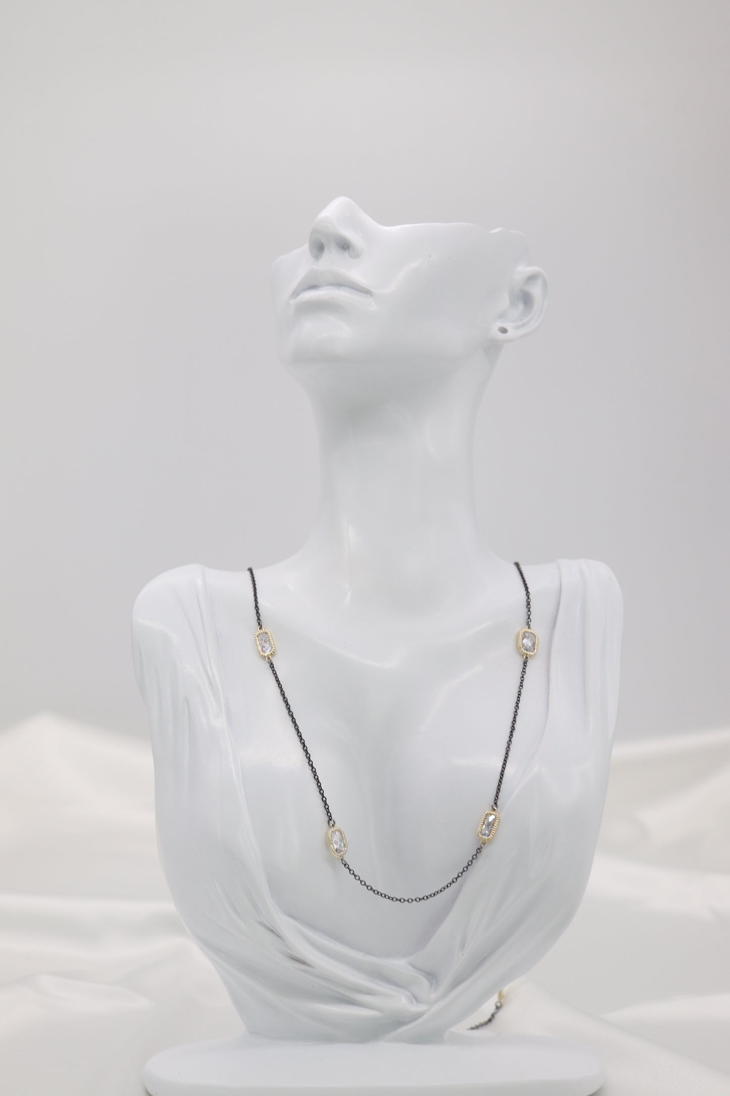Long Crystal Rectangle Stones Station Black Necklace