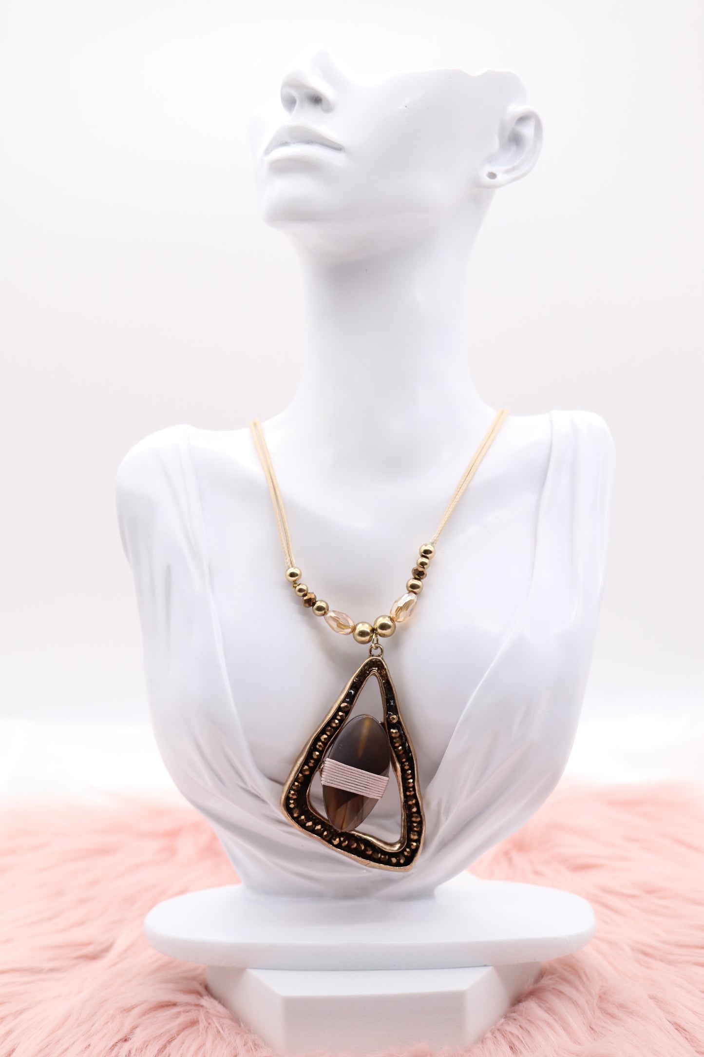 Gold Stone and Carnelia Color Beads Pendant with Multi Tan Rope Chain