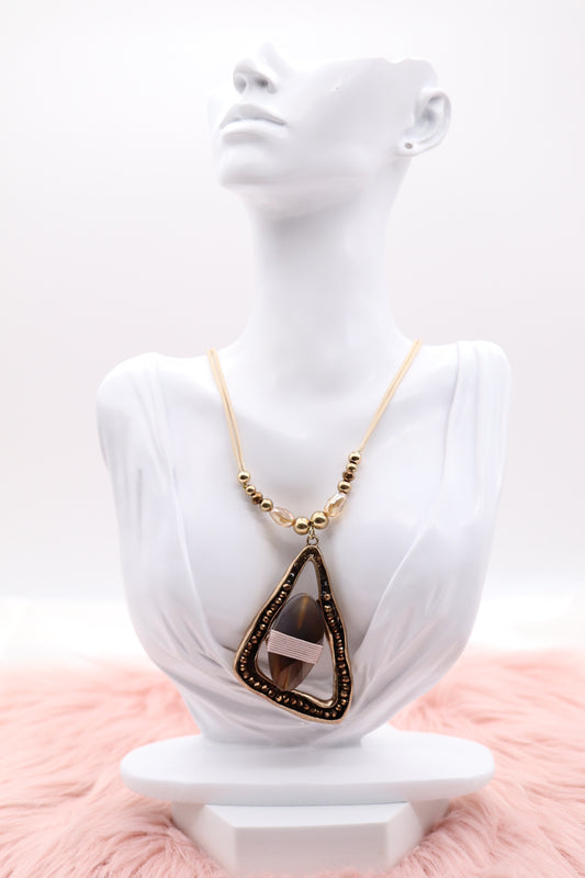 Gold Stone and Carnelia Color Beads Pendant with Multi Tan Rope Chain