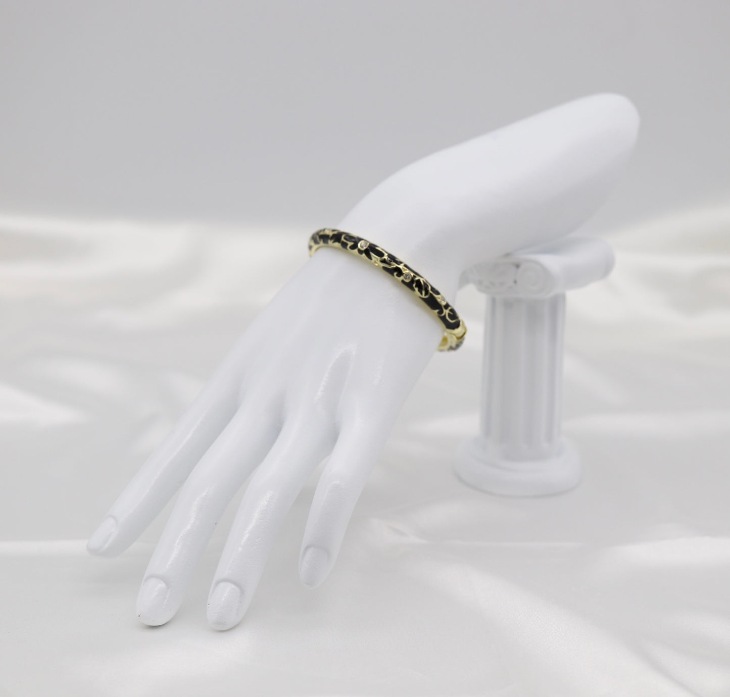 Thin Black With CZ Station Enamel Hinged Bangle Bracelet