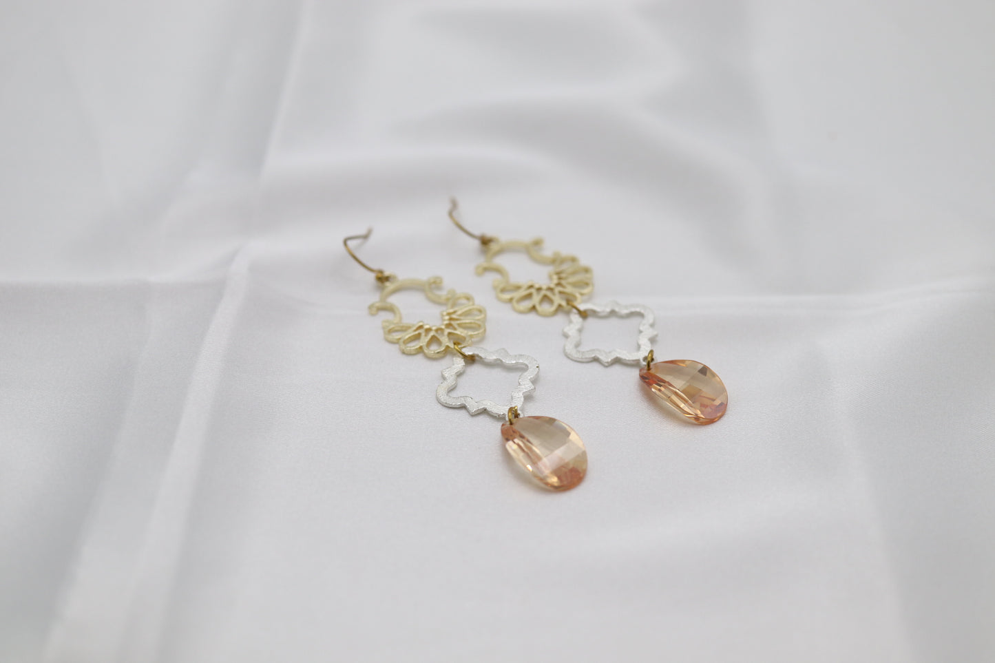 Filigree Dangling Peach Stone Earrings Made With Faceted Fancy Cut Cubics