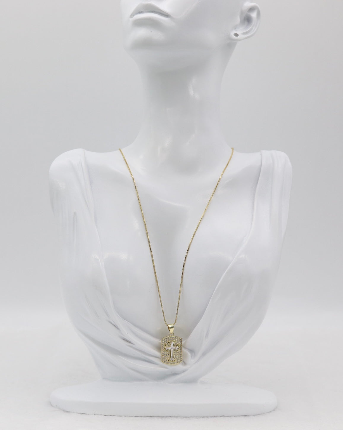 Gold Cross Pendant Necklace – Crystal Pavé Dog Tag Design