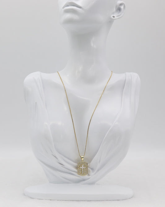 Gold Cross Pendant Necklace – Crystal Pavé Dog Tag Design