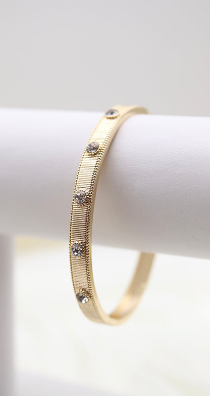 Gold Textured Hinge Bangle Bracelet With CZ Stations