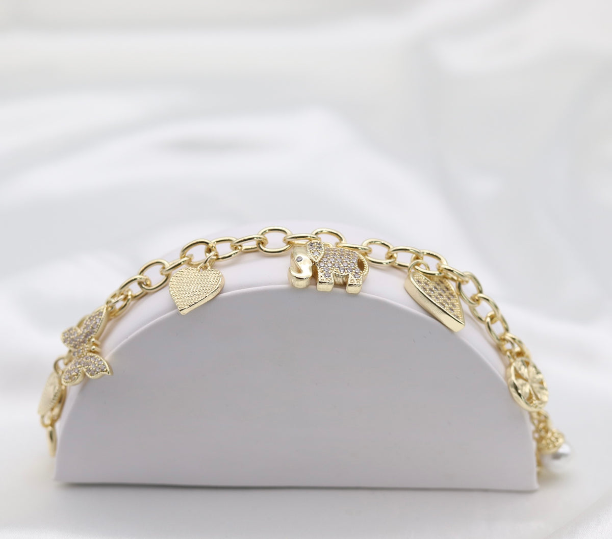 Gold Crystal Lucky Charm Bracelet with Heart, Elephant & Butterfly