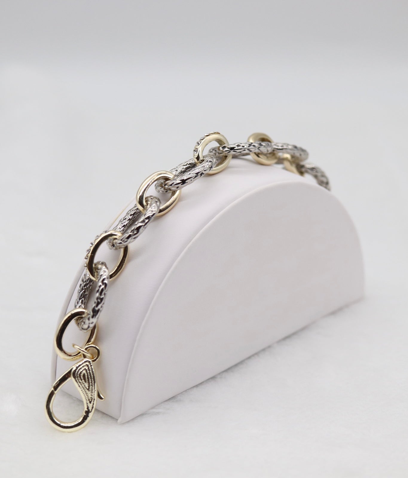 Textured Silver and Gold Link Bracelet with Crystal Accents
