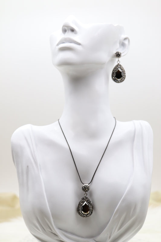 Matching Necklace and Earrings With Pear Shaped Hematite Faceted CZ Stones
