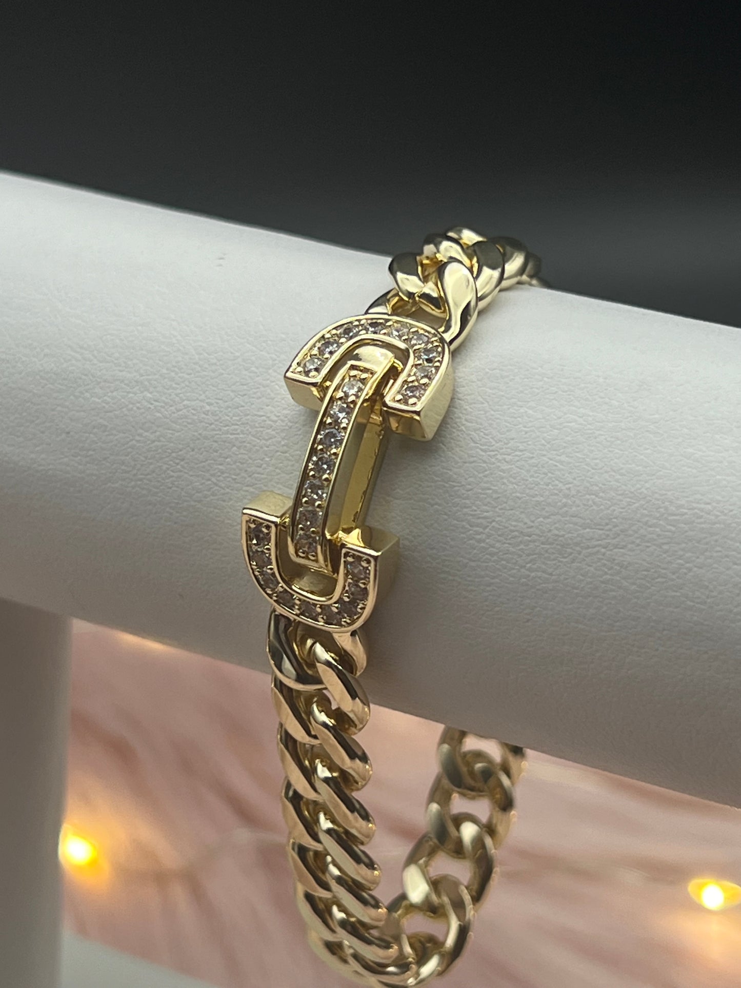 Small Gold Link With Pave CZ Charm Bracelet