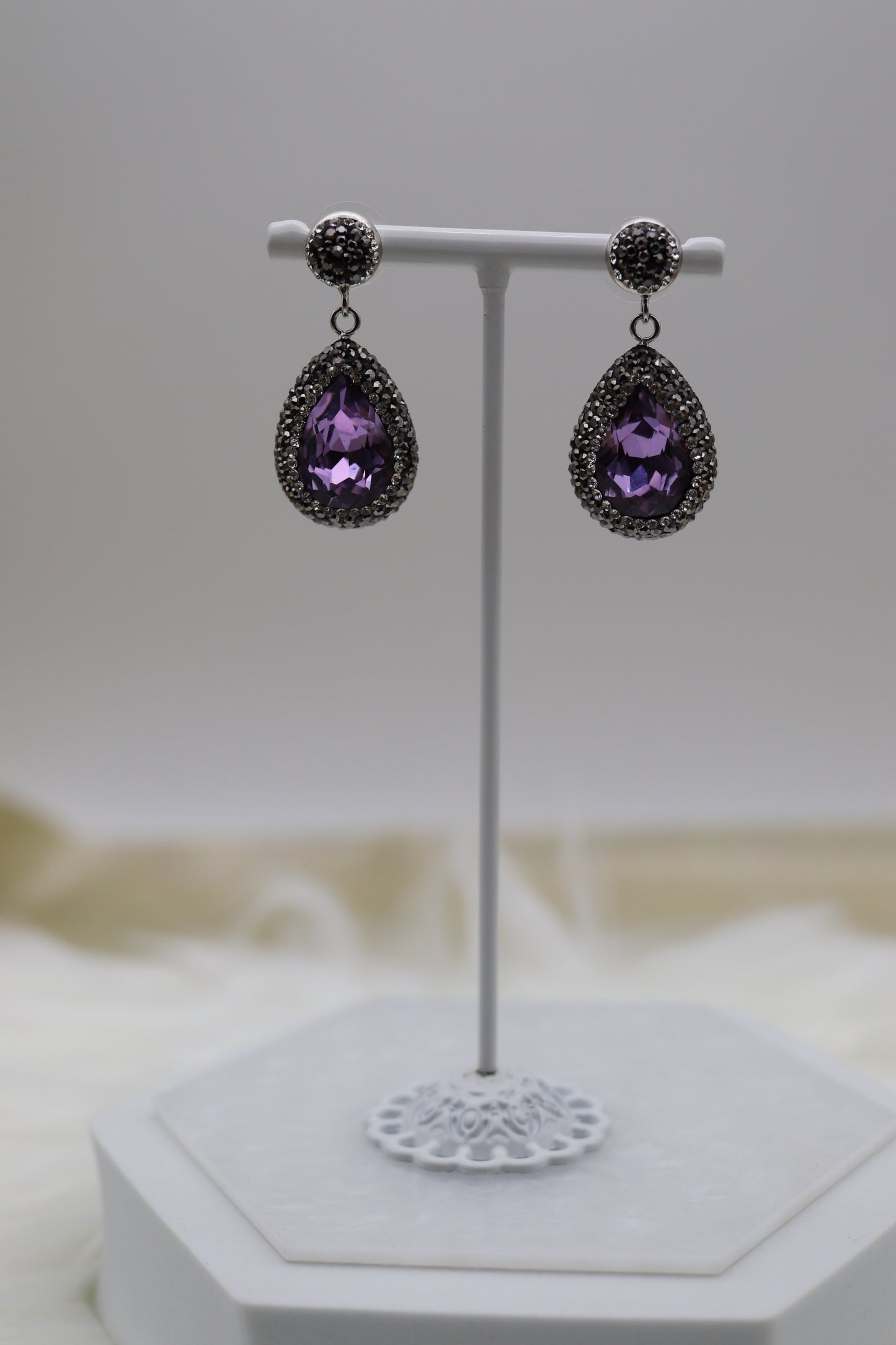 Matching Necklace and Earrings With Pear Shaped Amethyst Faceted CZ Stones