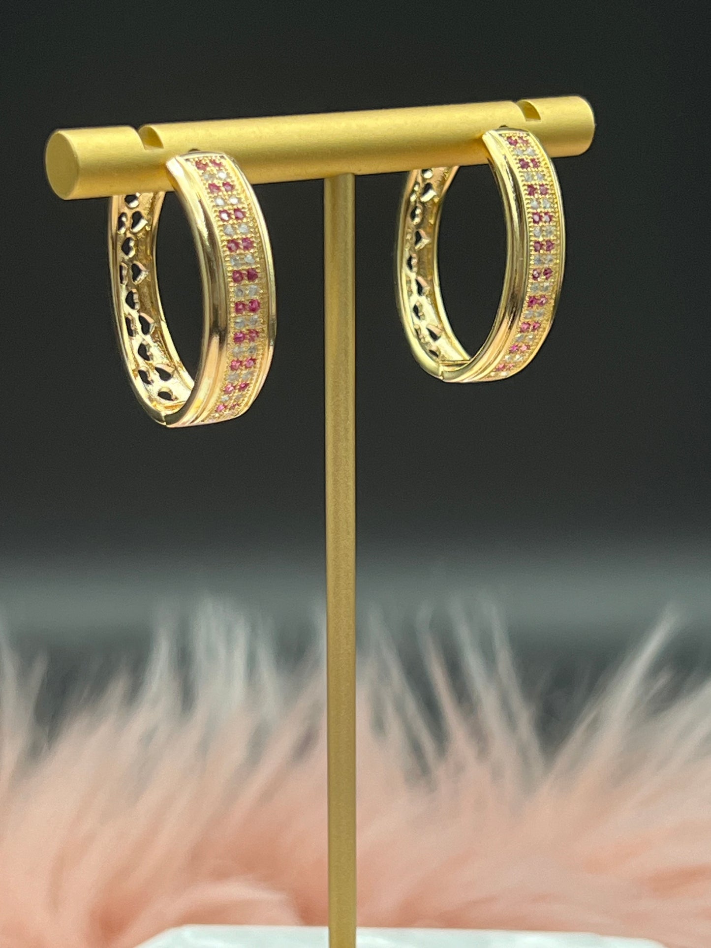 Ruby and CZ Double Row Pave Hoop Earrings