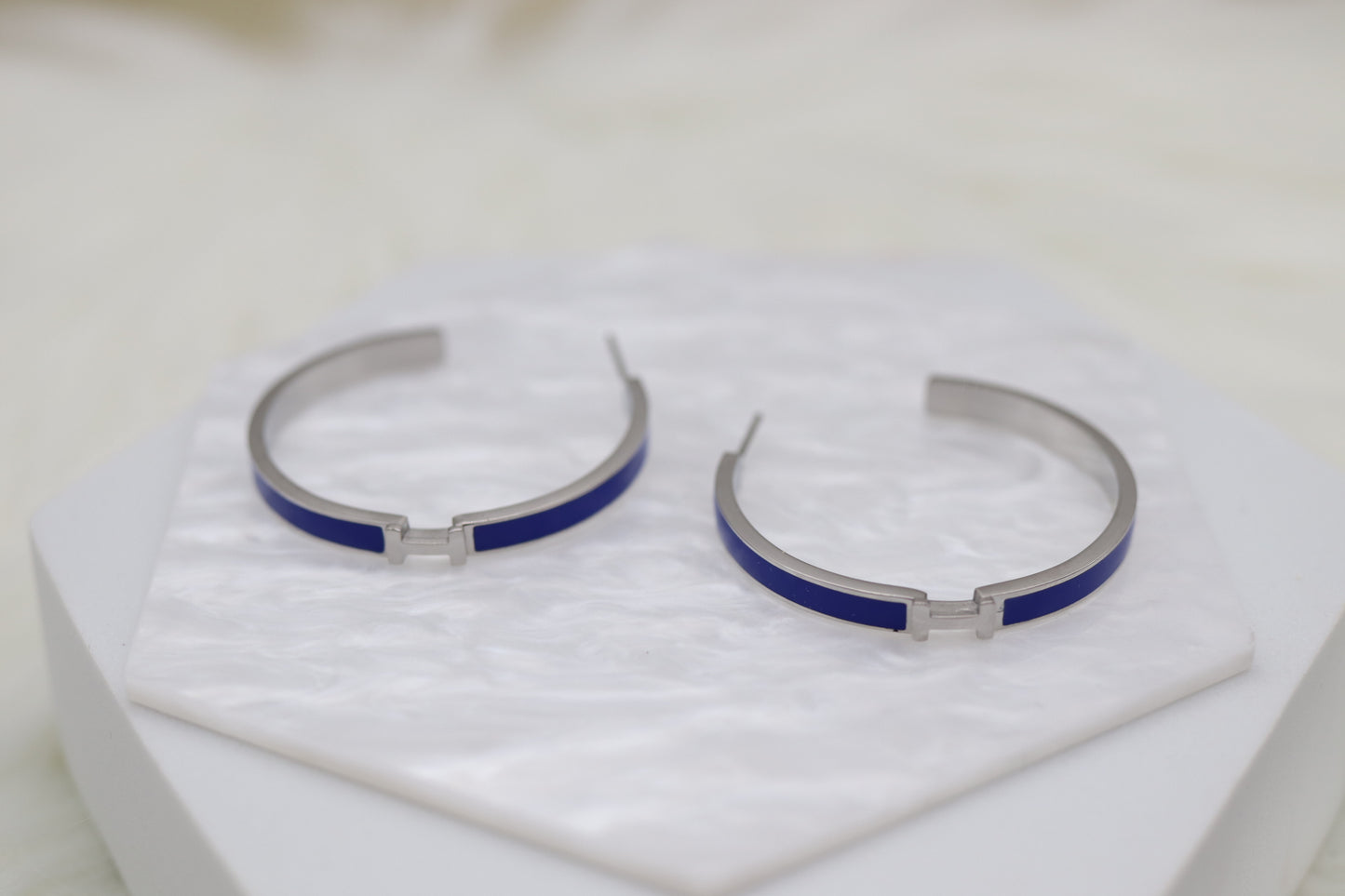Navy Blue Luxury H Hoop Silver Earrings