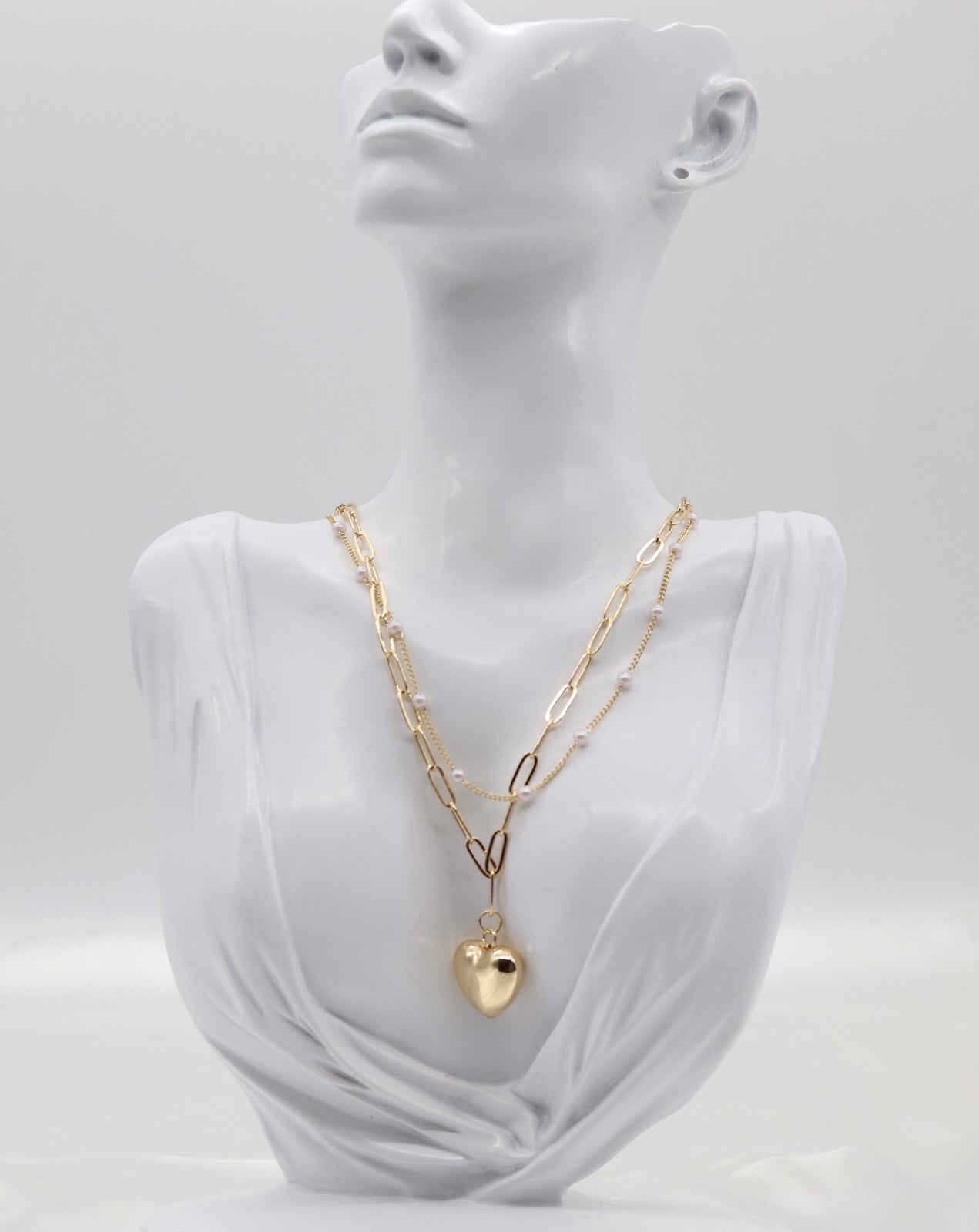 Layered Gold Dainty Pearl Station and Heart Pendant Paperclip Necklace