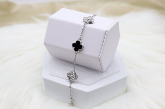 Double Sided Black and Silver Clover Bracelet