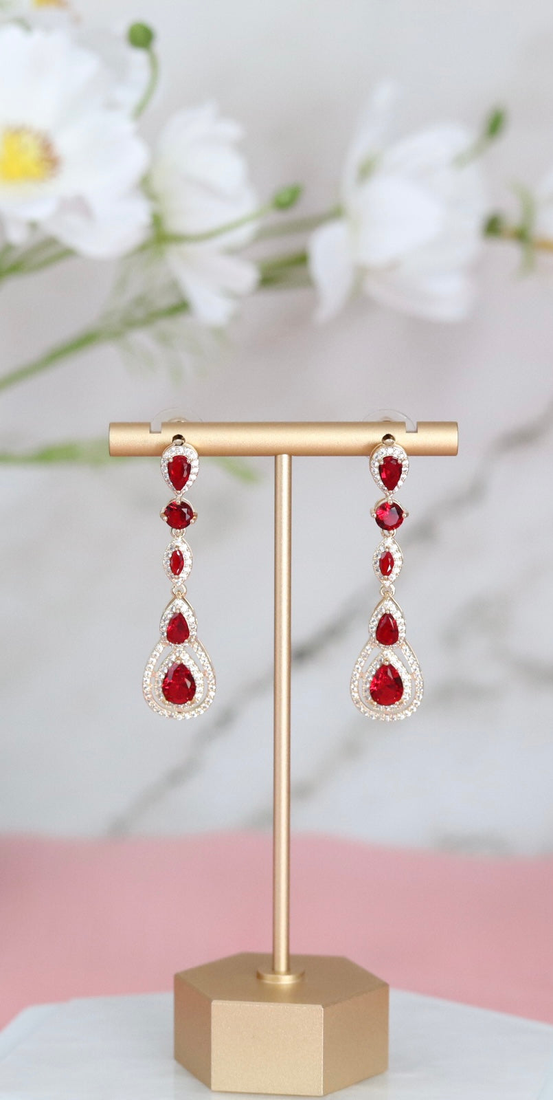 Pear Shaped Ruby Red CZ Dangling Earrings