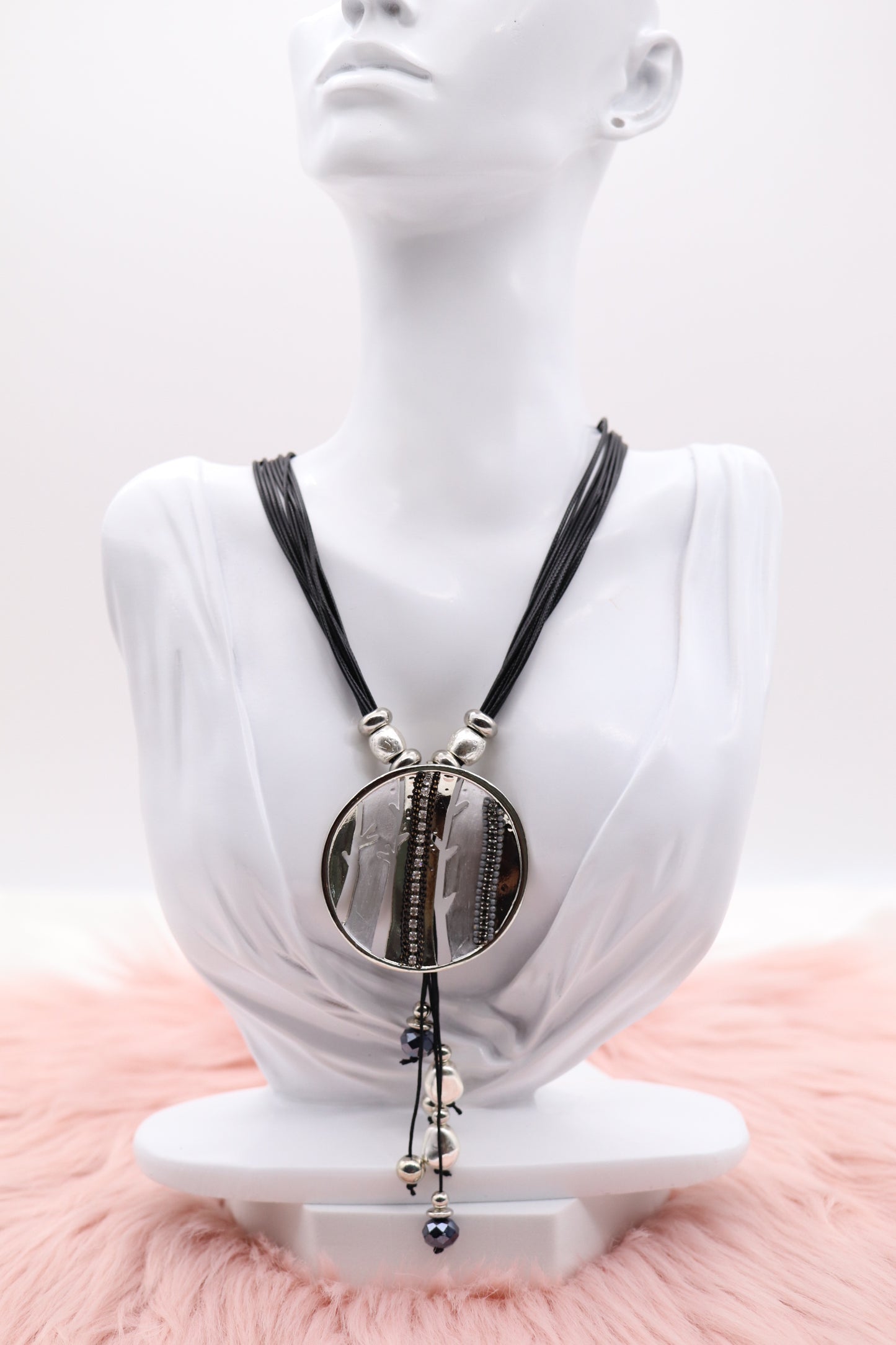 Silver Metallic Circle Pendant With Dangling Stones, Multi Light Black Rope Necklace