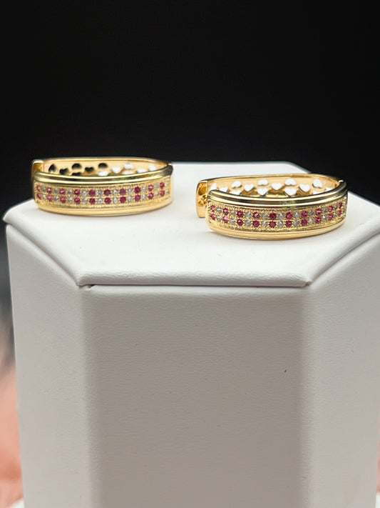 Ruby and CZ Double Row Pave Hoop Earrings