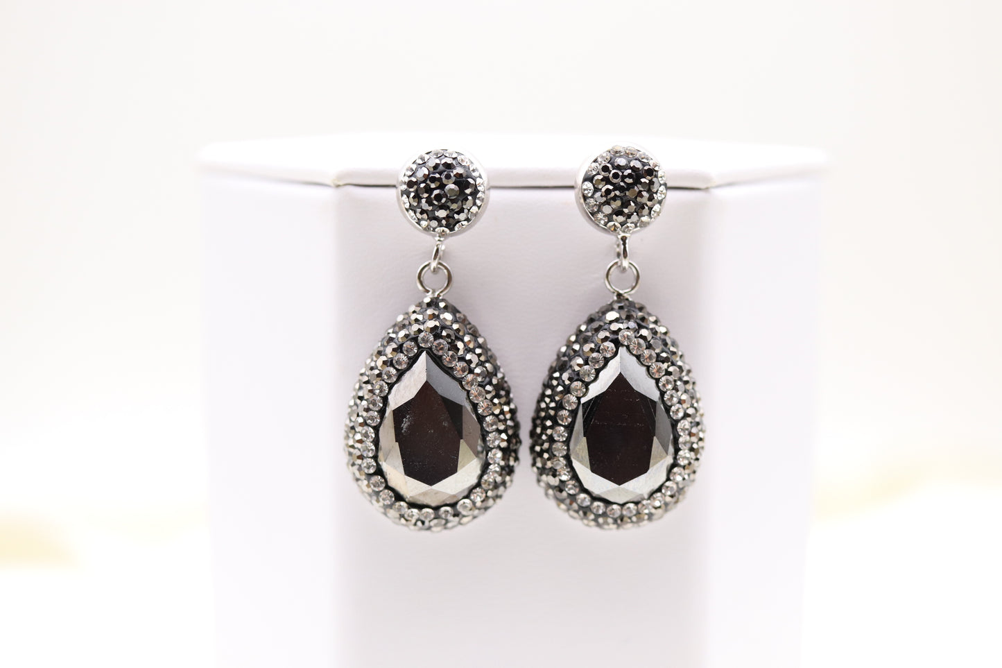 Matching Necklace and Earrings With Pear Shaped Hematite Faceted CZ Stones