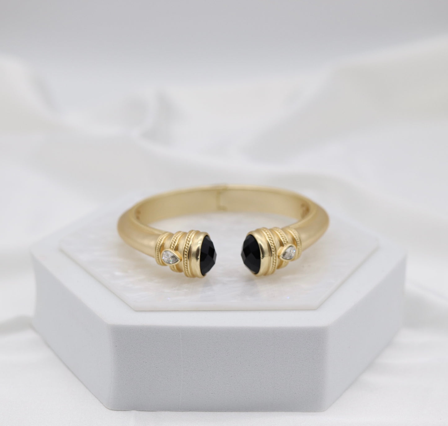 Black Onyx and Gold Hinged Cuff Bracelet