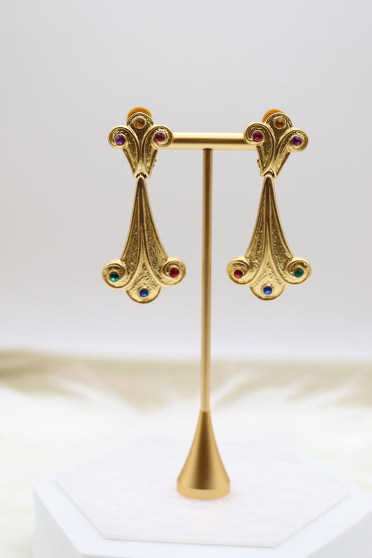 Matte Gold Filigree Dangling Clip-On Earrings with Multi-Colored Stones