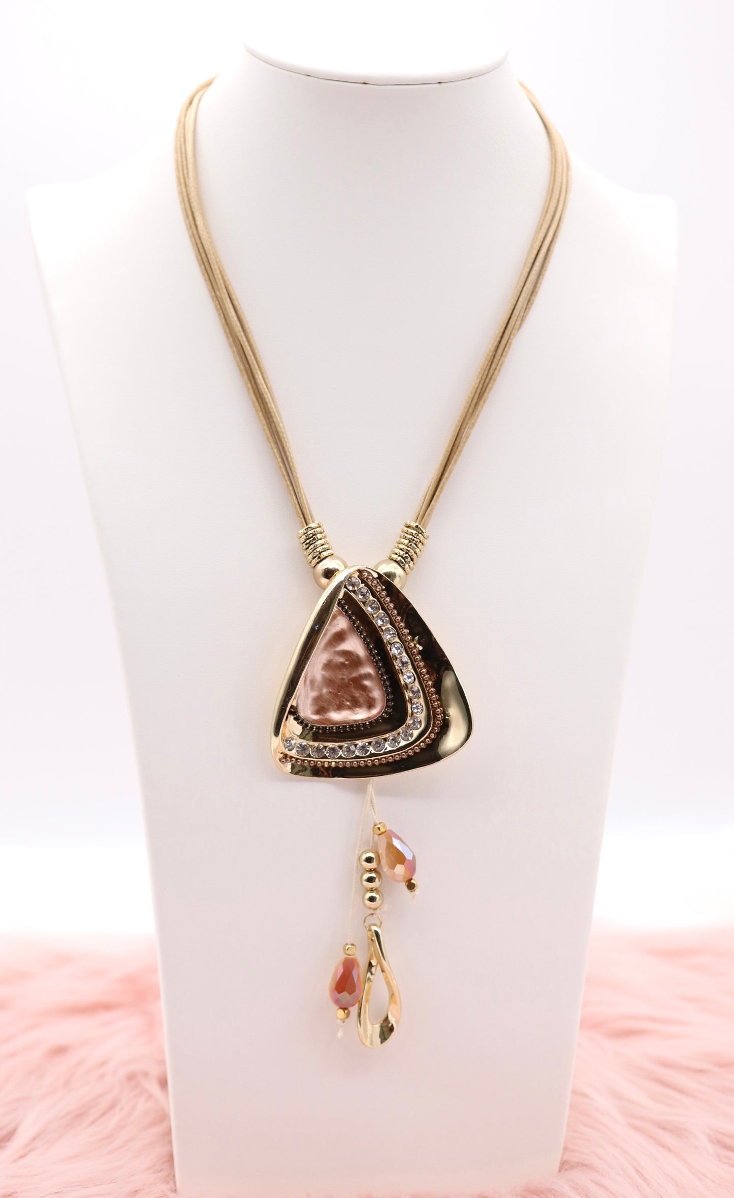 Gold and Cooper Metallic Pendant With Dangling Stones, Multi Tan Rope Necklace