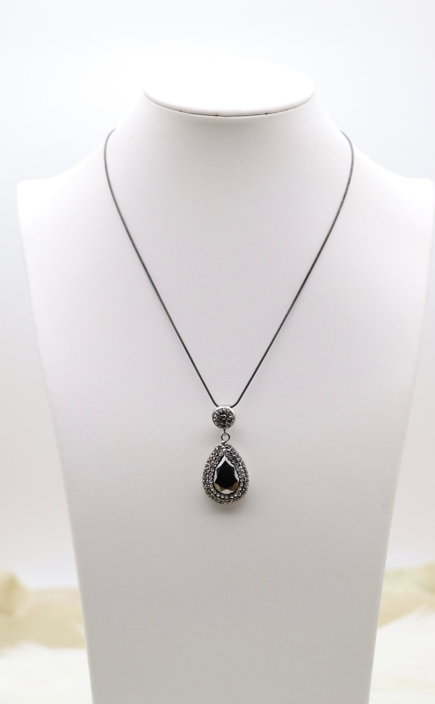 Matching Necklace and Earrings With Pear Shaped Hematite Faceted CZ Stones