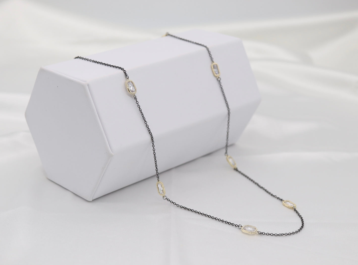 Long Crystal Rectangle Stones Station Black Necklace