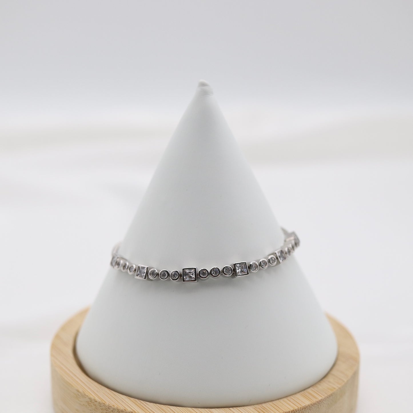Square and Round Bezel Set CZ Silver Tennis Bracelet