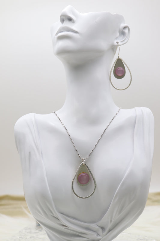 Silver Beaded Necklace With Violet Acrylic Teardrop Dangling Pendant