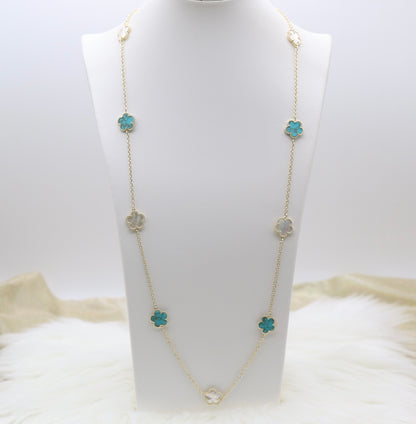 Mother of Pearl and Turquoise Five Leaf Flower Petal Pendant Necklace