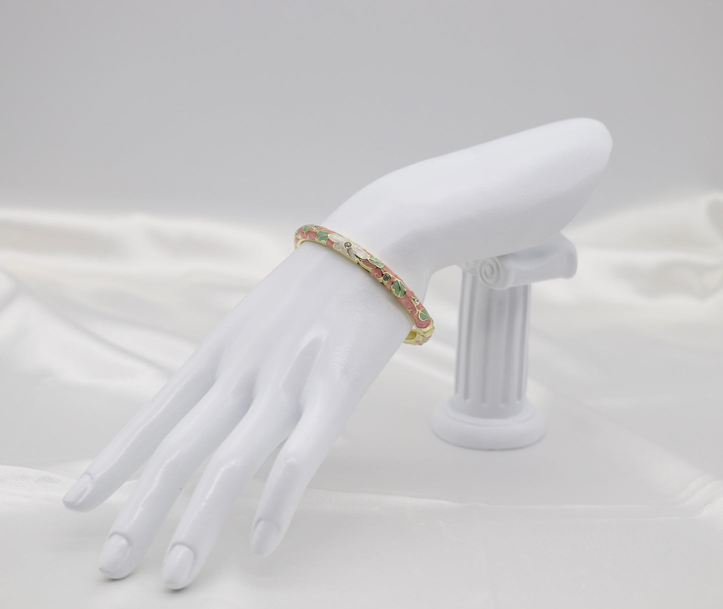 Thin Pink and White With CZ Station Enamel Hinged Bangle Bracelet
