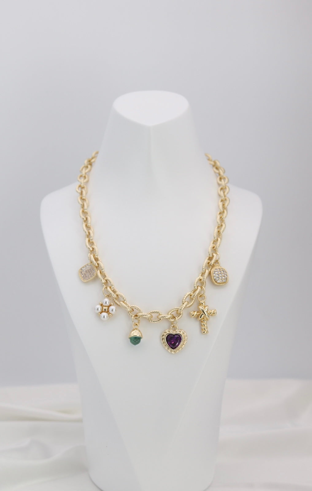 Mixed Charm Gold Chain Necklace – Heart, Pearl & Crystal Charm Statement Necklace
