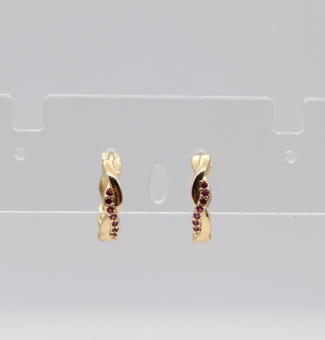 Twisted Gold Ruby Crystal Huggie Earrings