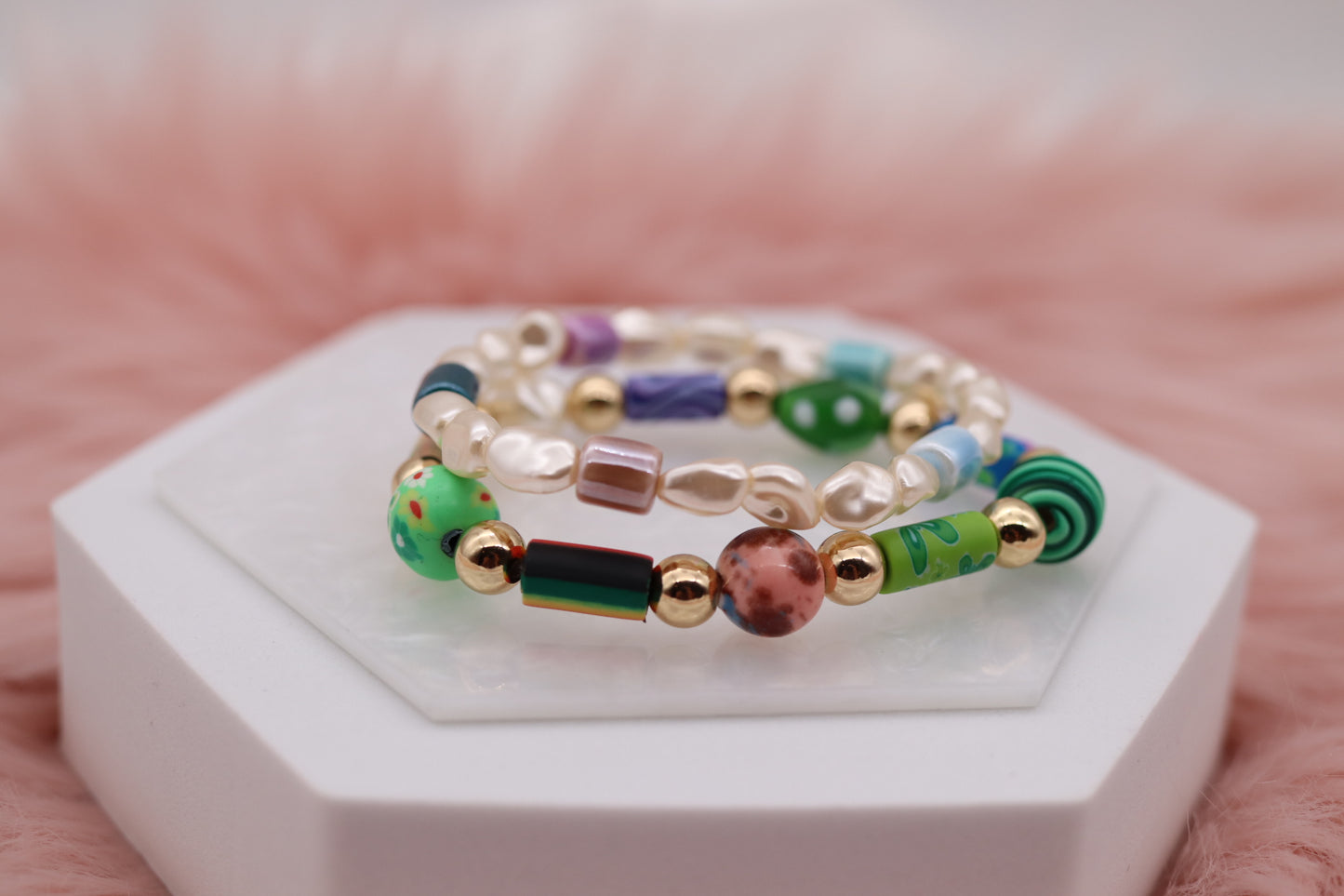 Gold Glass and Fimo Clay Bead Bracelet Set