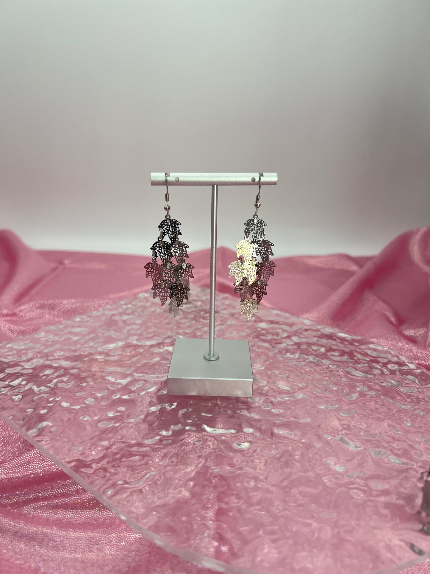 Bohemian Multi Layered Filigree Maple Leaves Dangle Drop Long Statement Earrings, Silver