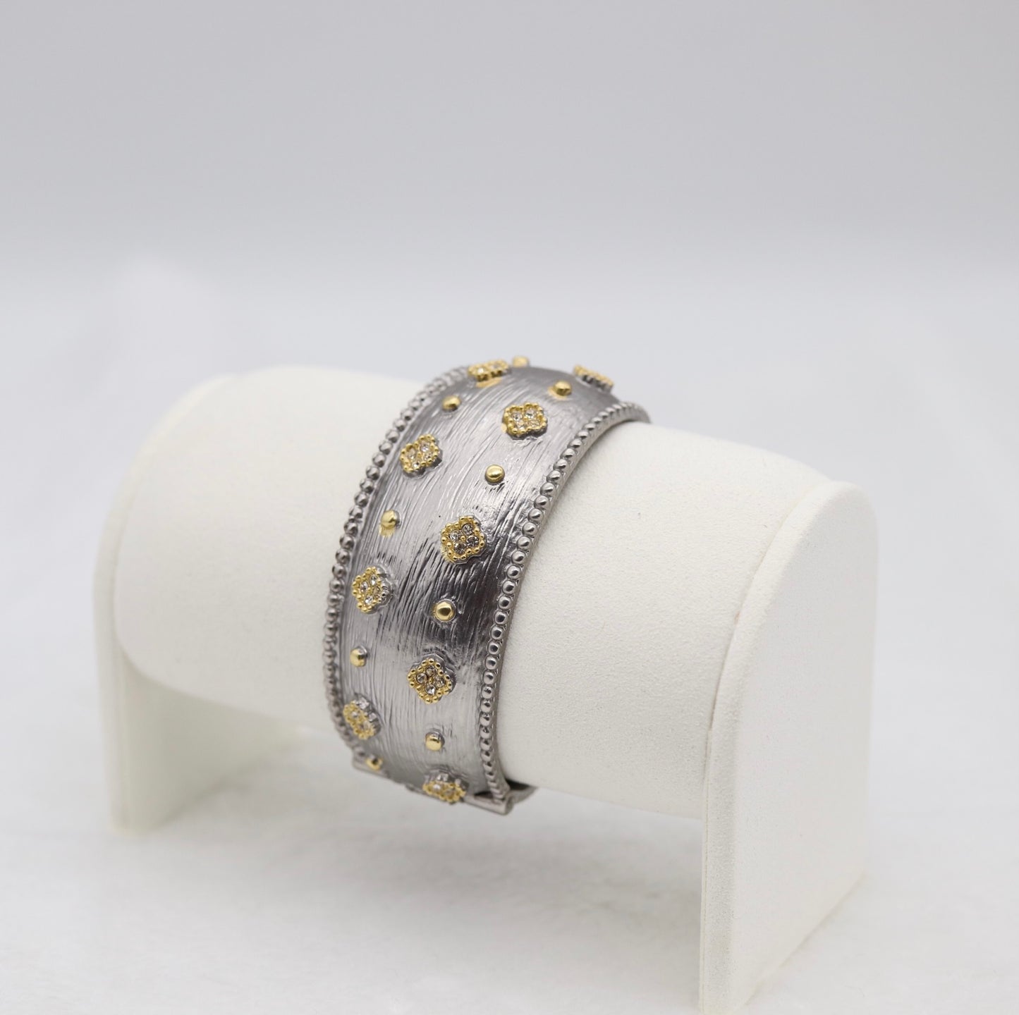 Wide Textured Silver Cuff Bracelet with Gold Floral Accents