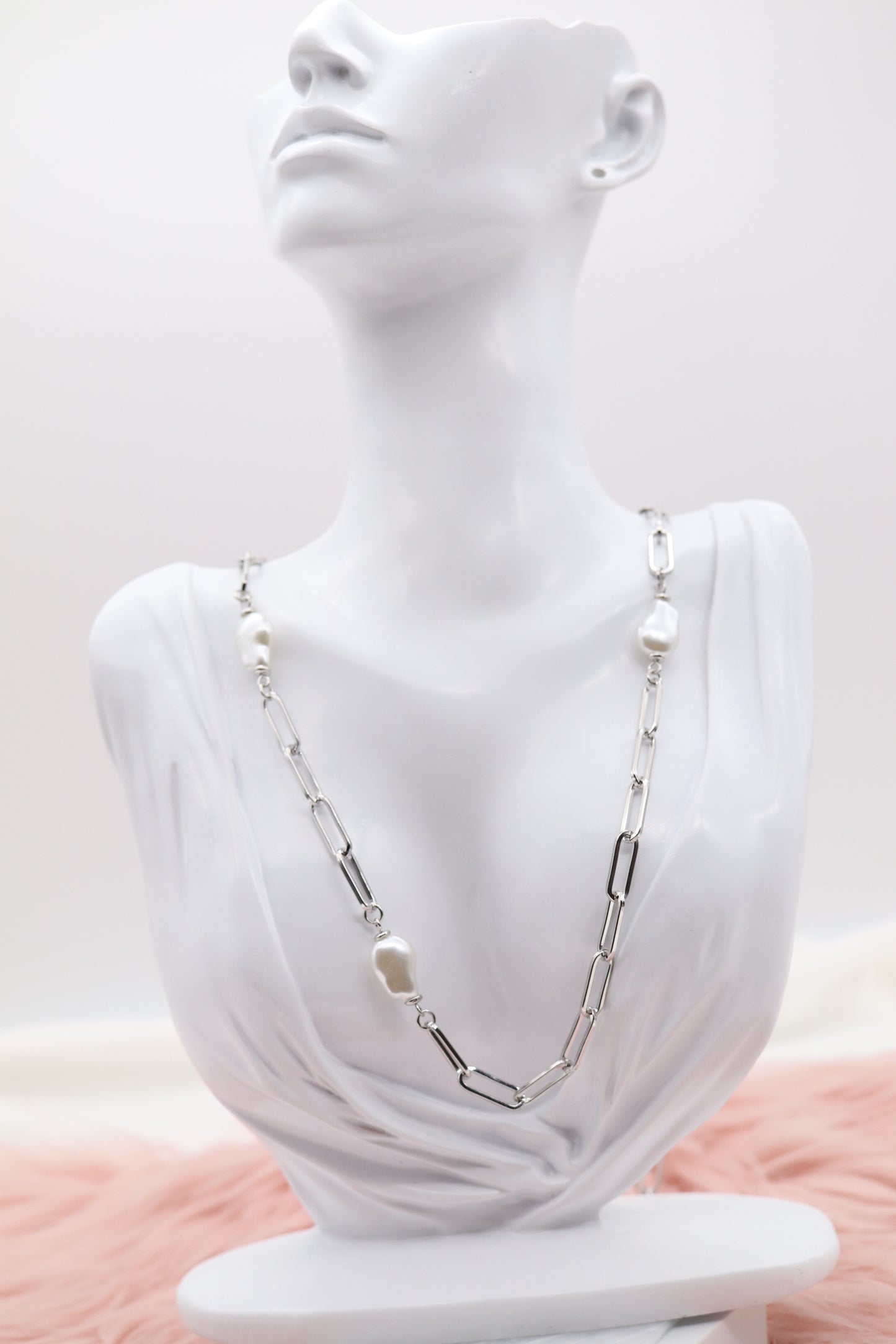 Paperclip Necklace Silver With Pearl Stations