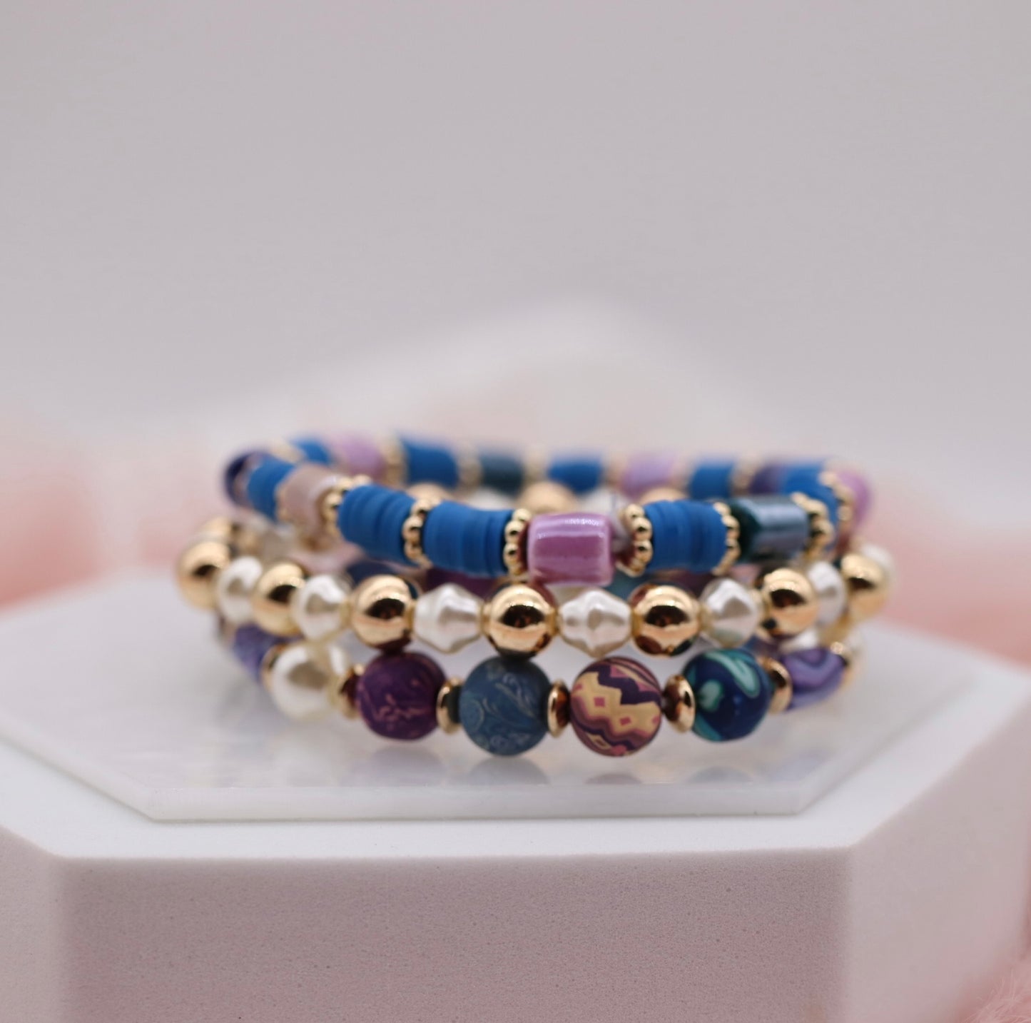 Gold Bright Purple Blue Bead 3 Piece Bracelet Set