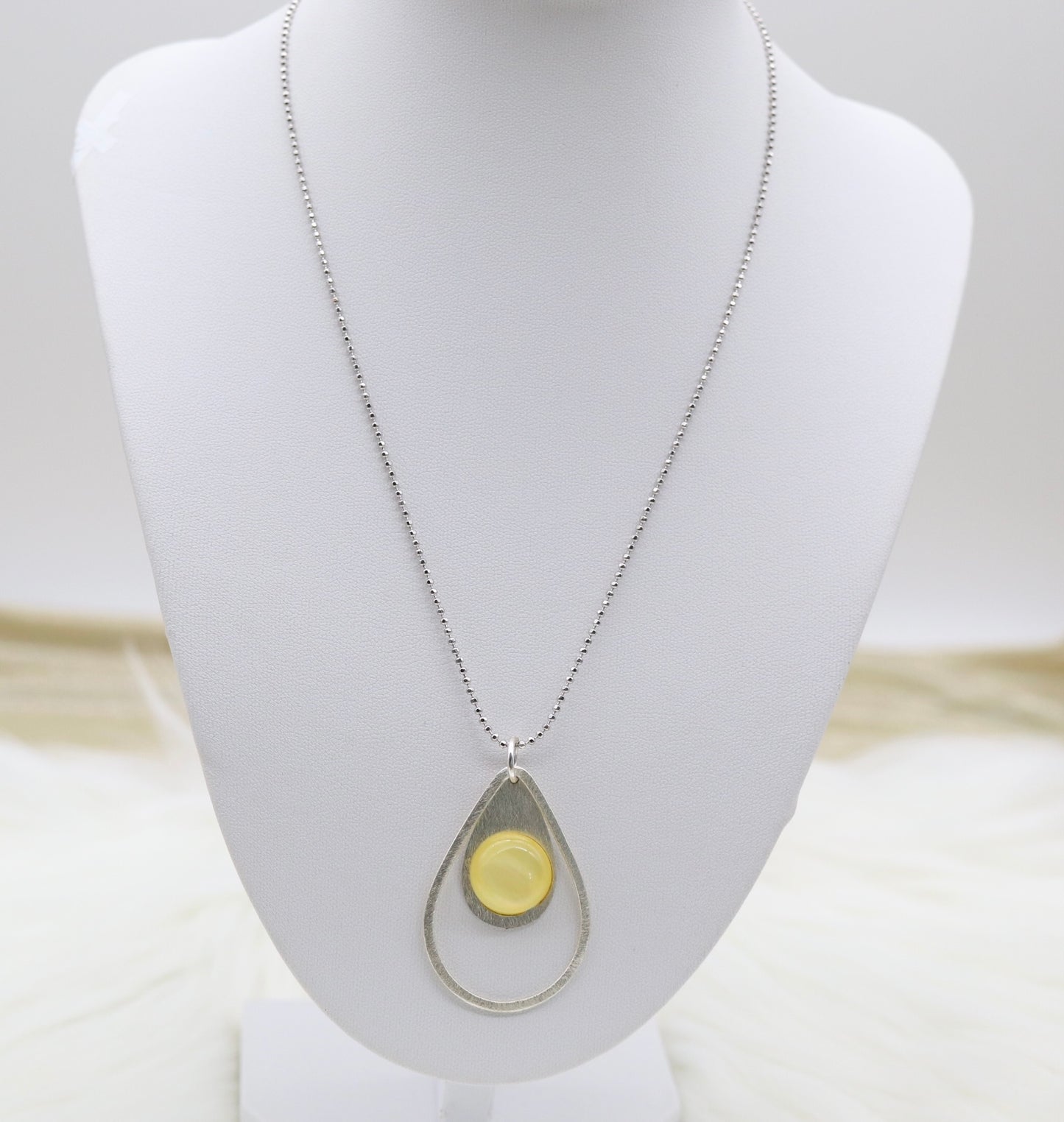 Silver Beaded Necklace With Yellow Acrylic Teardrop Dangling Pendant