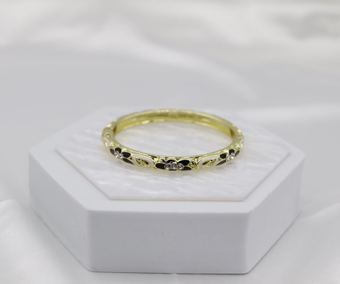 Thin Black and White With CZ Station Enamel Hinged Bangle Bracelet