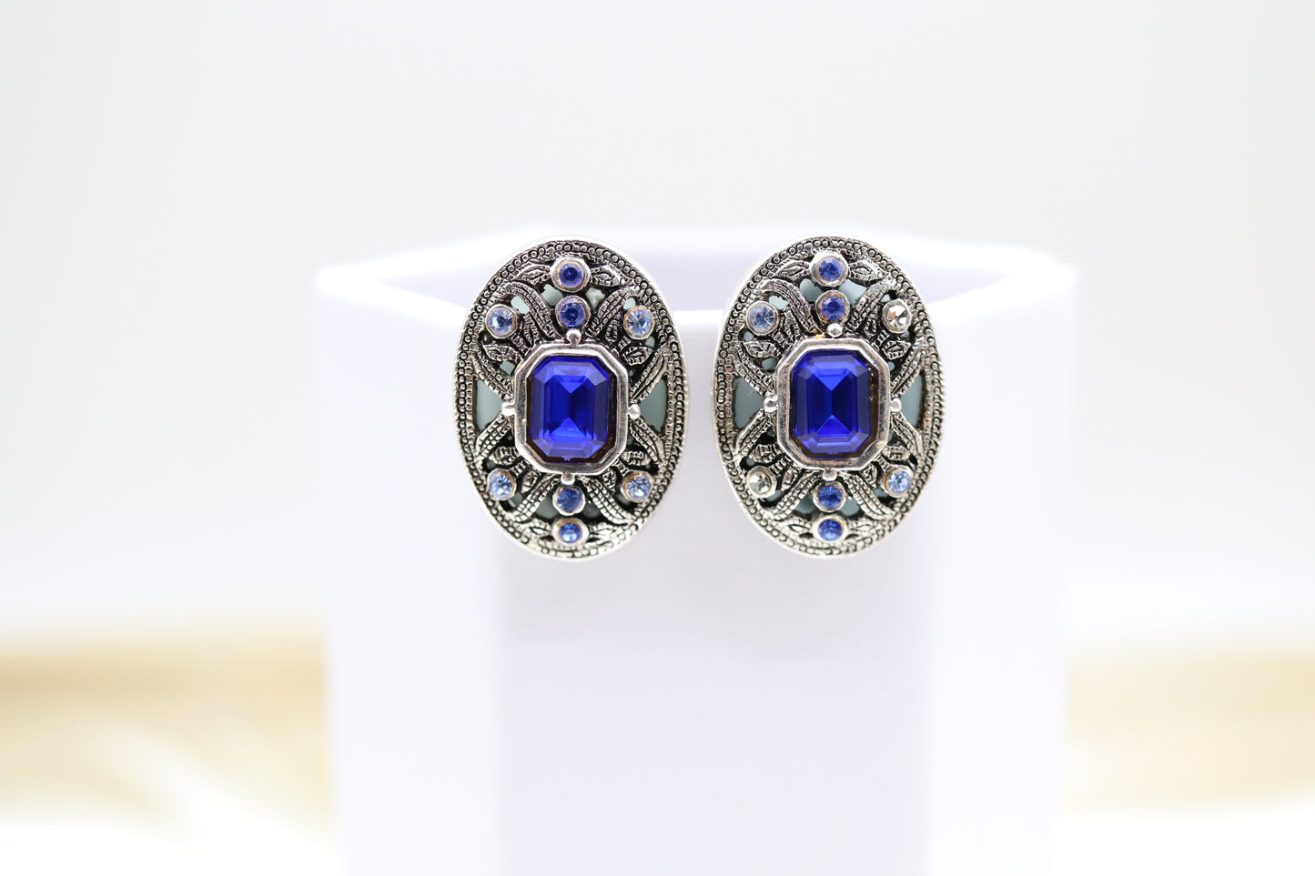 Enameled Renaissance Style With Fine Navy Blue CZ Pendant Oval Necklace With Matching Clip On Earrings
