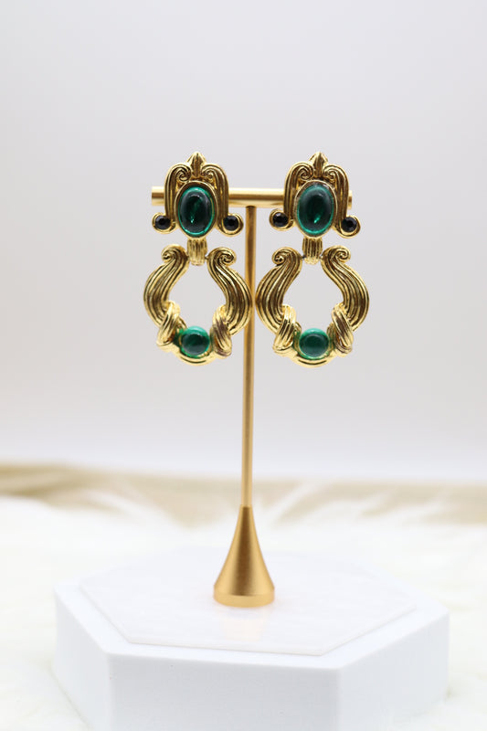 Matte Gold Dangling Clip-On Earrings with Multi-Colored Stones