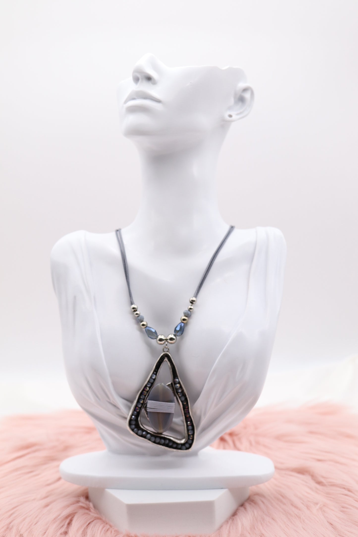 Silver Stone and Carnelia Color Beads Pendant With Multi Silver Rope Chain
