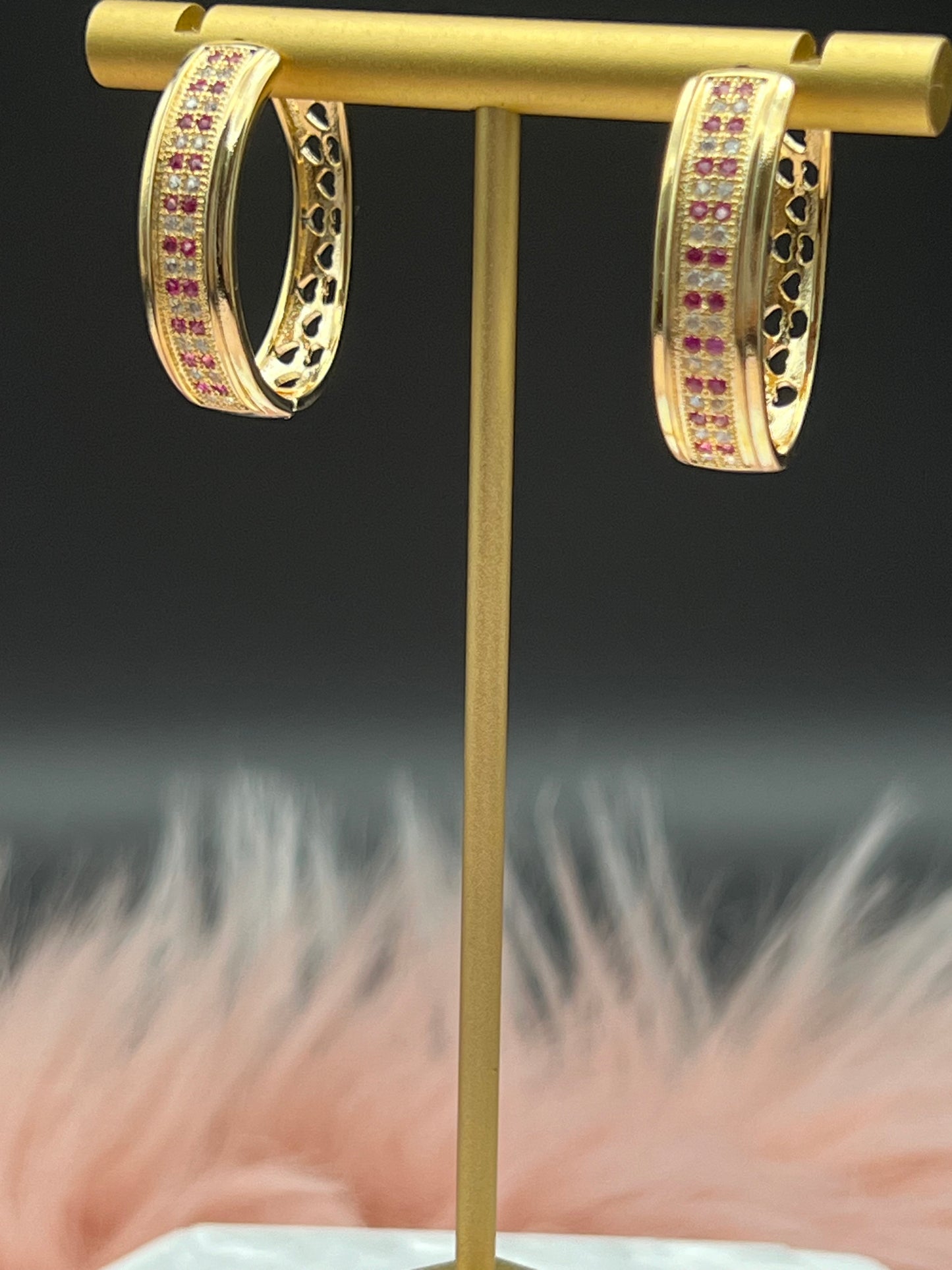 Ruby and CZ Double Row Pave Hoop Earrings